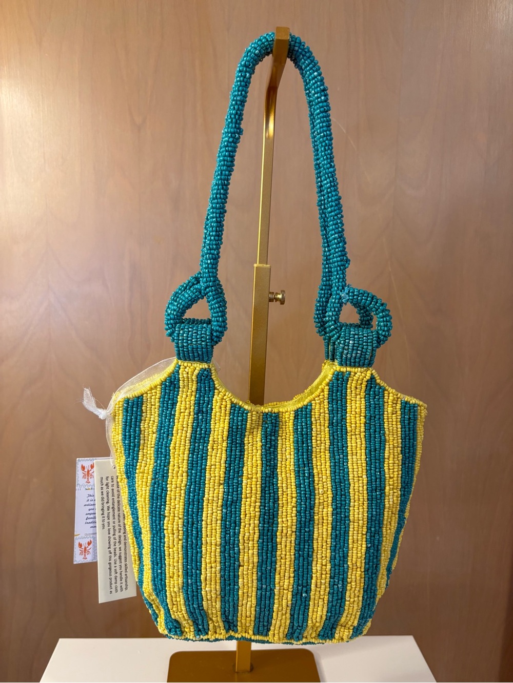 Sardine Beaded Yellow & Teal Striped Tote Bag - Picture 3 of 3